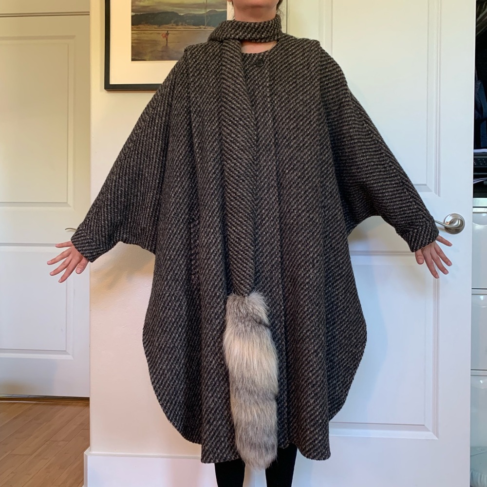Vintage wool and rayon cape with faux fur